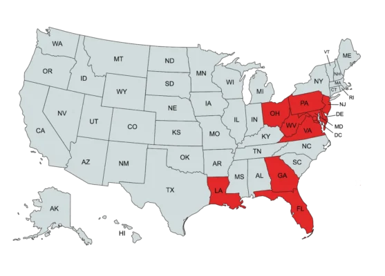 Map of the United States with Xceptional Wildlife Removal service areas highlighted in red