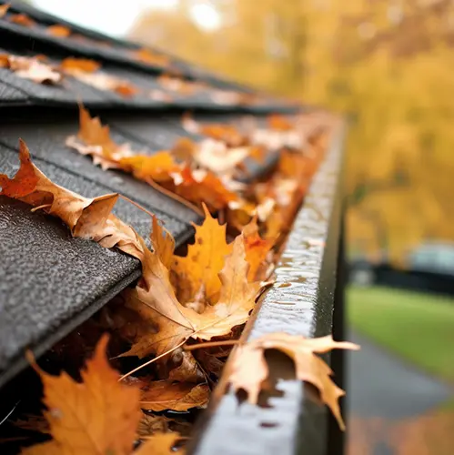 A houses gutters full of leaves in the fall