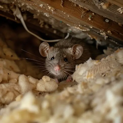 Mouse hiding among the insulation in a homes attic