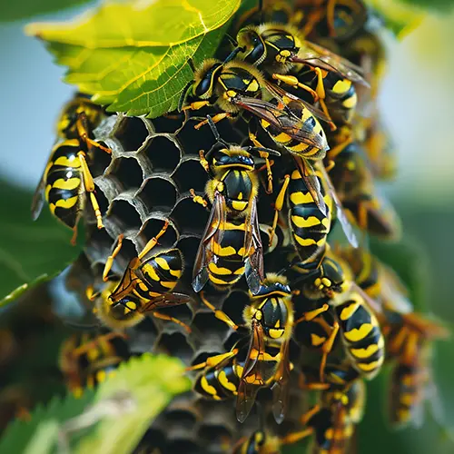 Yellowjackets swarming around their nest in a tree